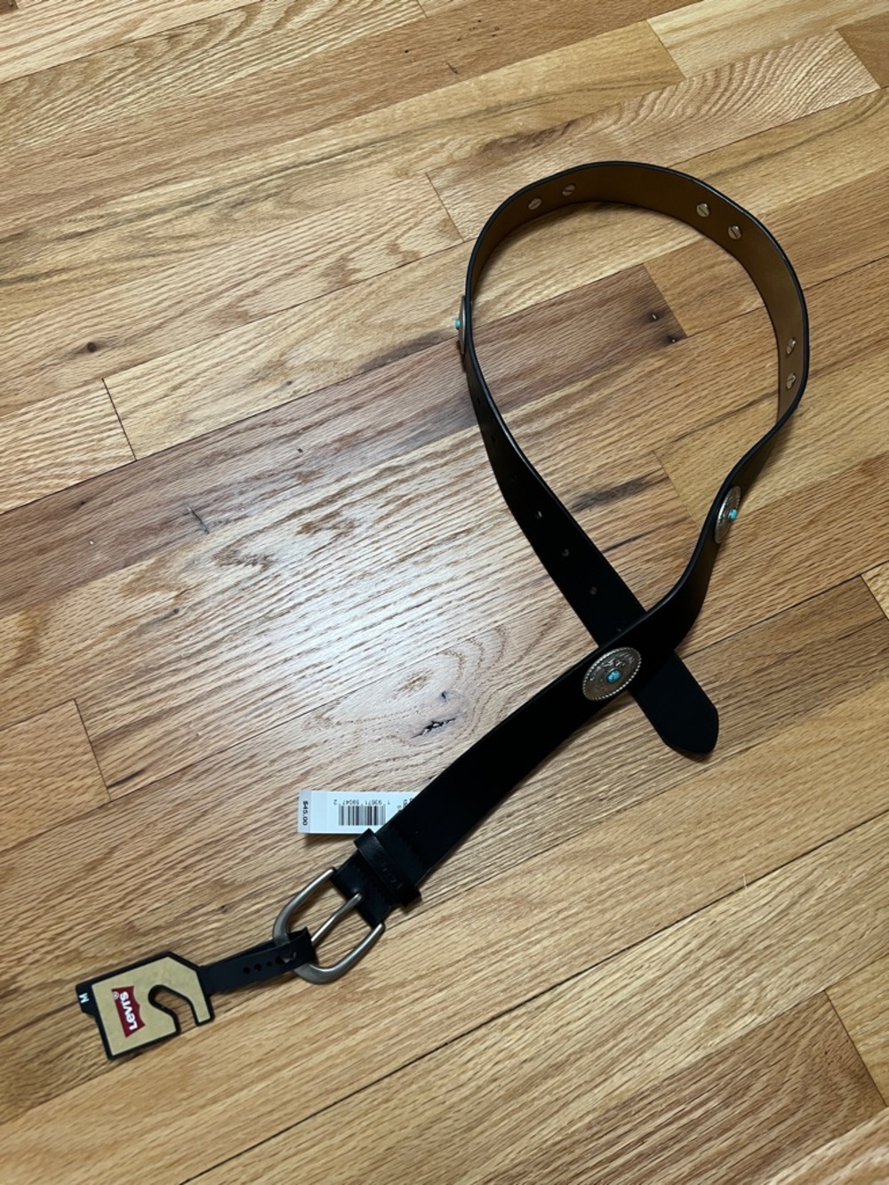 Levi's Black Leather Belt with Silver-Tone Conchos and Turquoise Accents